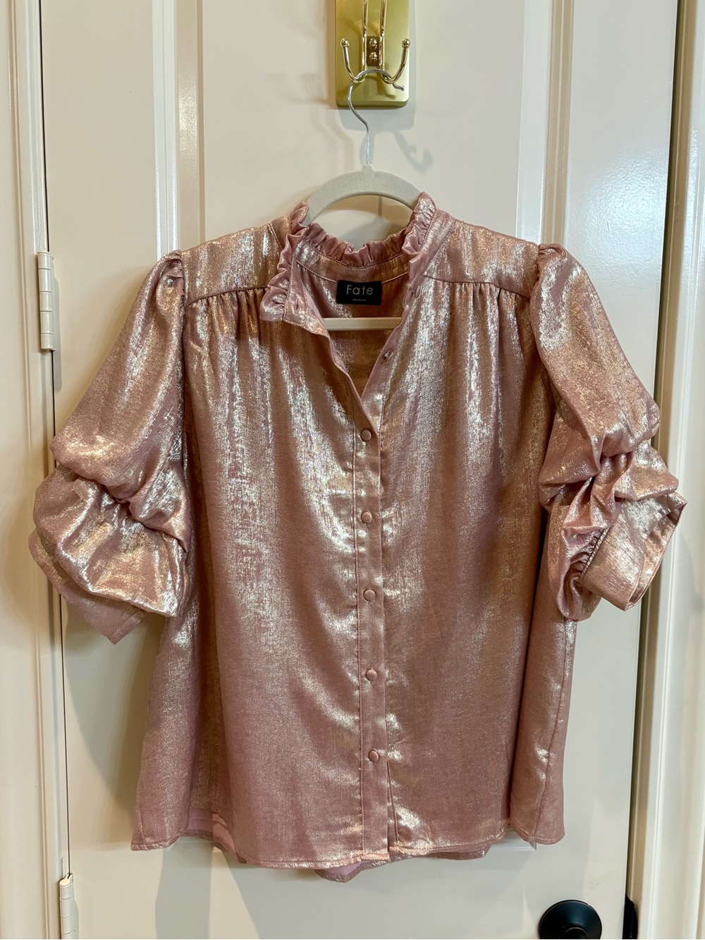 Fate Metallic Dusty Rose Ruffle Collar Button-Down Blouse
